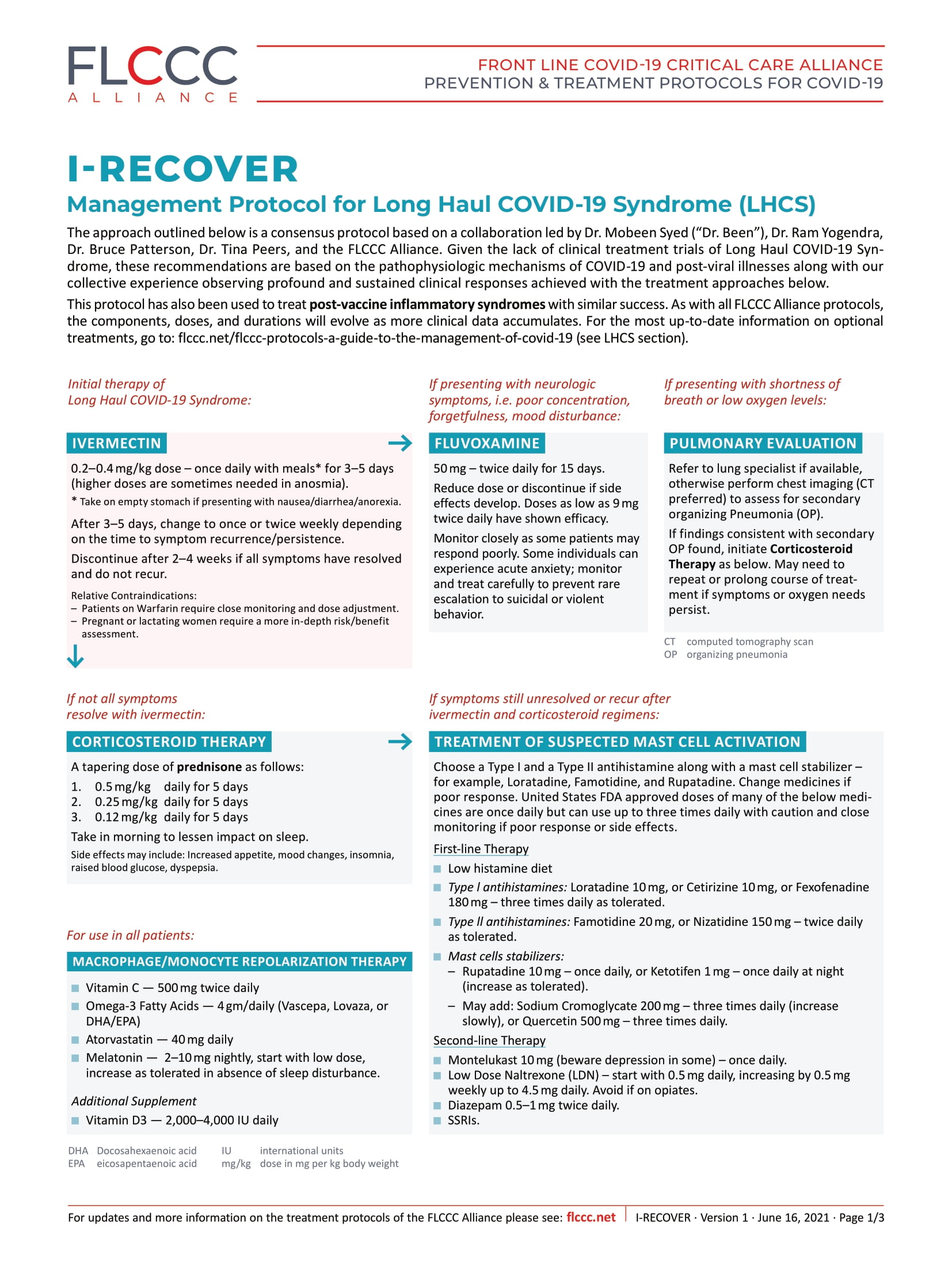 FLCCC Alliance I RECOVER Management Protocol for Long Haul COVID 19 Syndrome 1