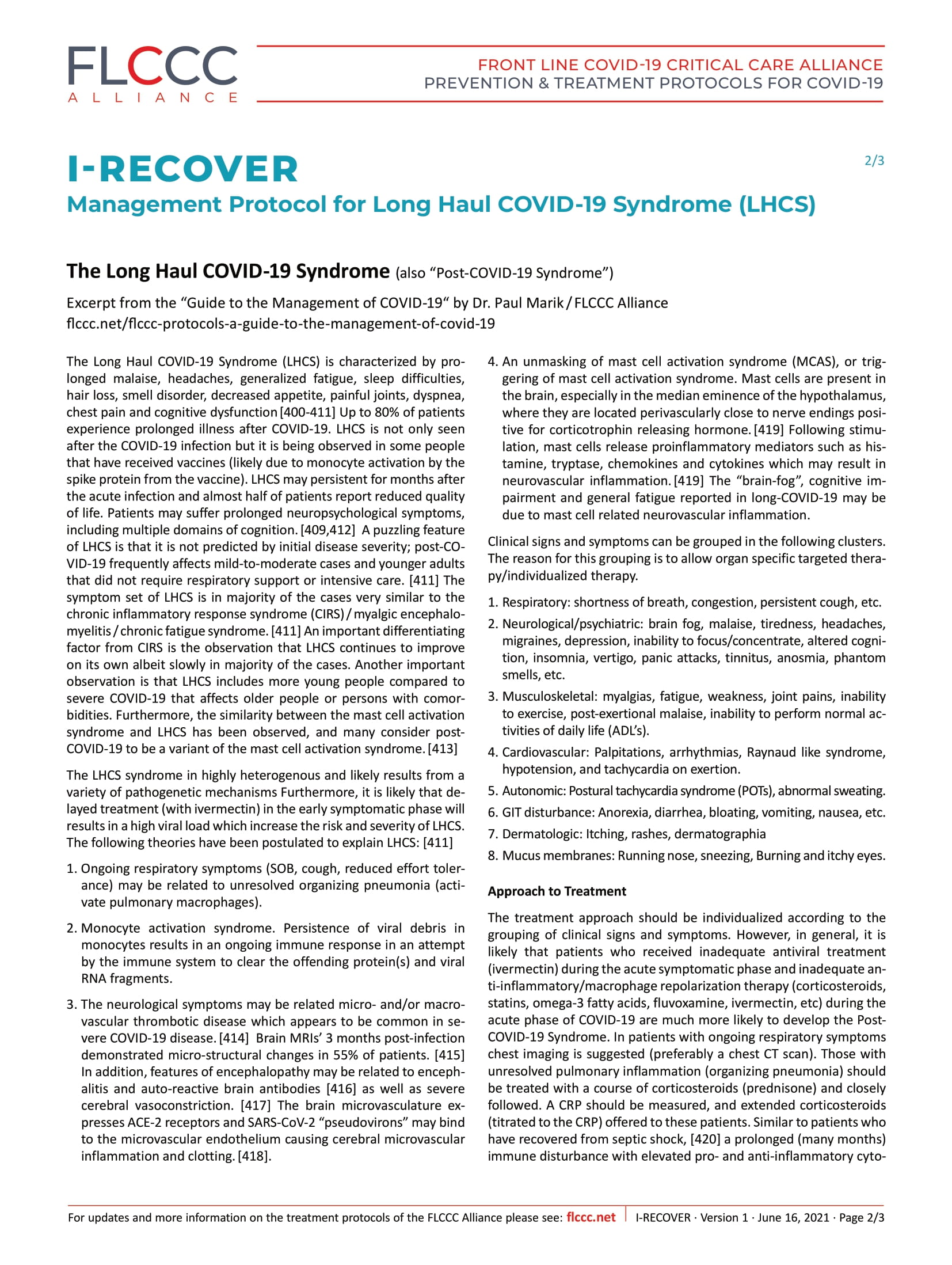 FLCCC Alliance I RECOVER Management Protocol for Long Haul COVID 19 Syndrome 2