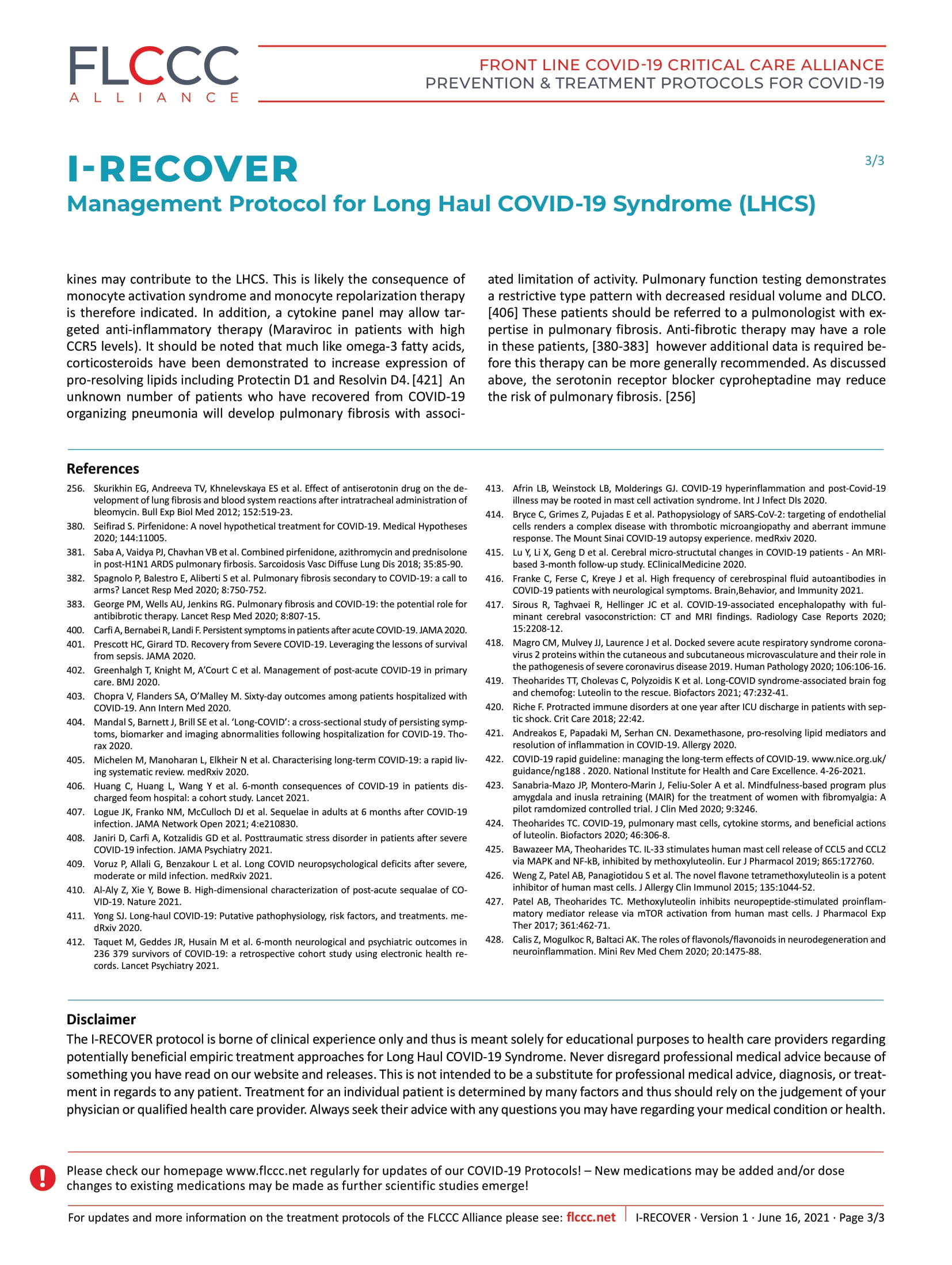 FLCCC Alliance I RECOVER Management Protocol for Long Haul COVID 19 Syndrome 3